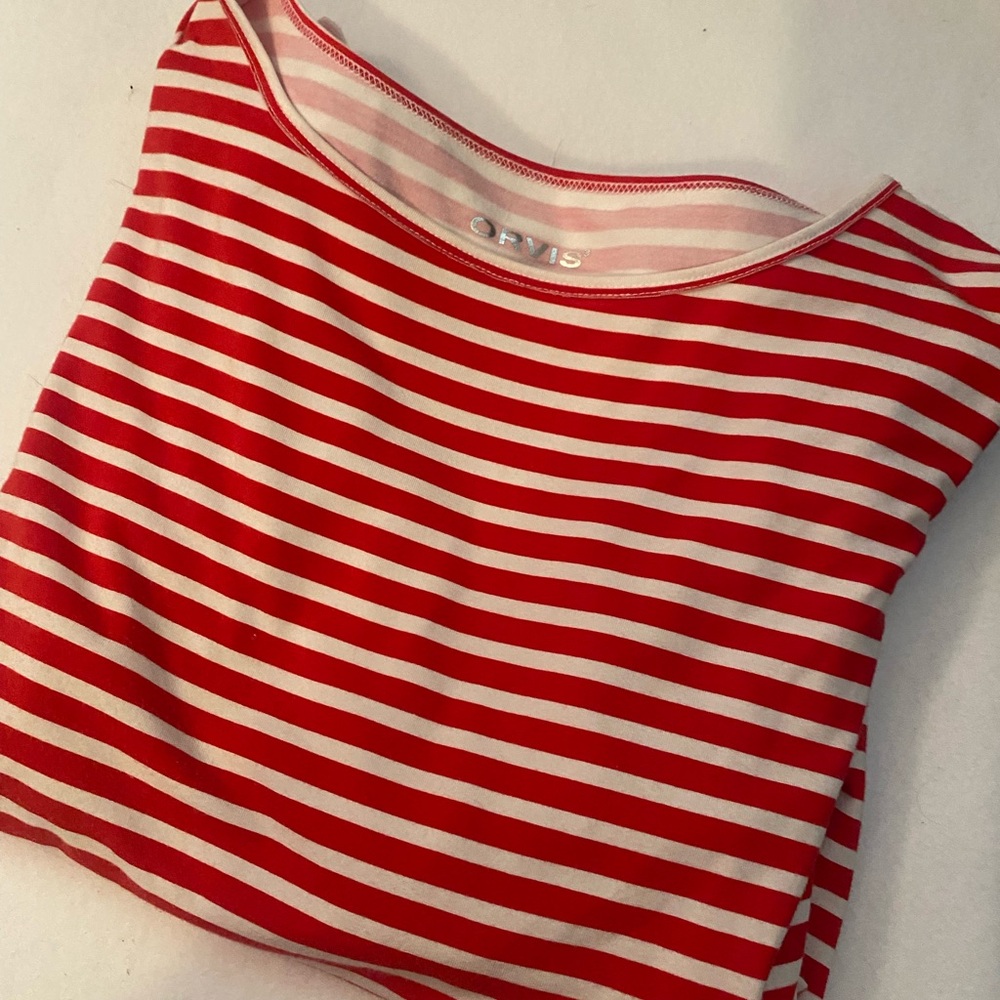 Orvis Red and White Striped Shirt Size Small
